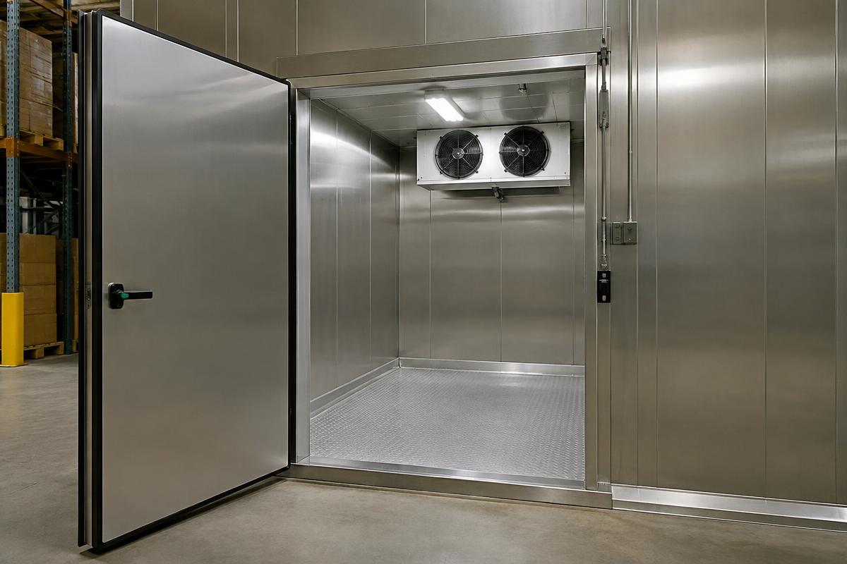 Walk-in cold room with refrigeration evaporator inside a commercial warehouse